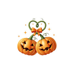 Two carved halloween jack o lantern pumpkins connected by a heart shaped vine with a bow isolated on transparent background