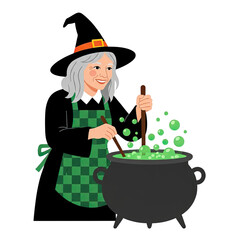 Smiling elderly witch with grey hair wearing a checkered apron stirring a bubbling green potion in a cauldron isolated on transparent background