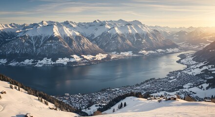 Snowy mountain range and lake landscape