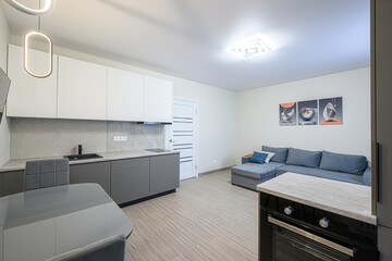 Modern kitchen/living space. Gray cabinets contrast with white uppers. A blue sofa sits near framed art. Light wood floors complete the scene