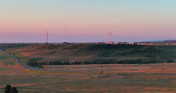 Boulder Creek Wind Farm Wind Mills turbine Boulder Eldorado Canyon Golden Arvada Colorado morning sunrise aerial drone spring summer Rocky Mountains highway 36 93 car traffic plains valley circle left