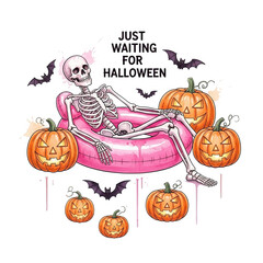 Whimsical skeleton relaxing in a pink inflatable ring surrounded by carved pumpkins and bats isolated on transparent background