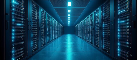 A server room with many rows of data center equipment