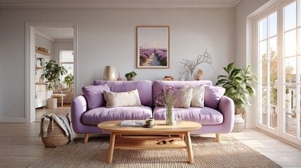 Cozy living room with lavender sofa modern home interior design bright and airy ambiance daylight view comfort and style