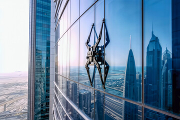 Window cleaning robot on a skyscraper with city view.