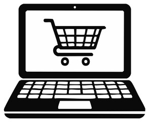 E-commerce concept icon with a shopping cart on a laptop screen symbolizing online shopping and digital retail