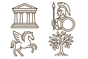 Ancient Greece line art icon set. Greek mythology concepts: Parthenon temple, spartan warrior with spear, Pegasus winged horse, and olive tree. History & culture vector.
