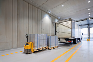 Electric pallet jack loads goods onto a white truck in a warehouse.