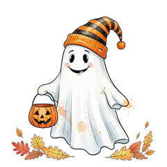 Cute cartoon ghost wearing a striped hat holding a pumpkin bucket surrounded by autumn leaves isolated on transparent background
