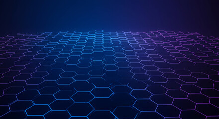 Futuristic glowing hexagonal grid receding into dark blue digital cyberspace background