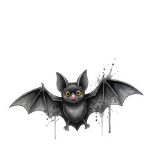 Cute cartoon bat with big eyes and purple collar isolated on transparent background