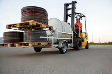 Forklift pulling a trailer with large spools of cable.