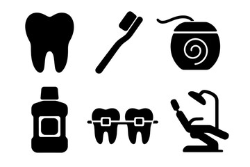 Dental care icon set. Dentistry and oral hygiene symbols. Tooth, toothbrush, floss, mouthwash, braces, and dentist chair silhouettes. Vector glyph collection for health.