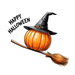Whimsical halloween pumpkin wearing a witch hat flying on a broomstick isolated on transparent background