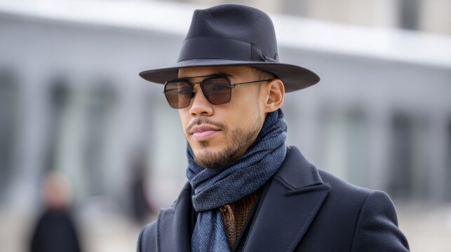 Sophisticated man in tailored coat, scarf, and felt hat with sunglasses. 