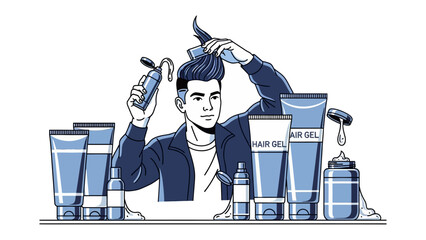 A confident man with styled hair is surrounded by an array of grooming products showcasing a personal care routine and self grooming