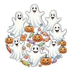 Whimsical halloween illustration of friendly ghosts and jack o lanterns arranged in a circular pattern isolated on transparent background