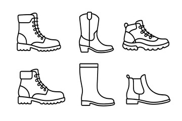 Boot icon set with various footwear styles. Vector outline collection of combat, cowboy, hiking, work, and rain boots. Shoe line art illustrations for graphic design.