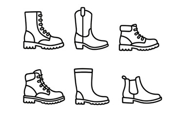 Boot icon set with various shoe types. Vector outline collection includes combat, cowboy, hiking, work, rain, and Chelsea boots. Simple black line art footwear illustration.