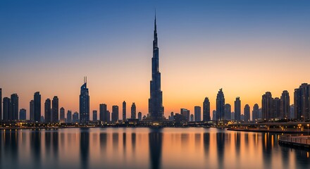 Obraz premium The Dubai city skyline at sunset with the iconic Burj Khalifa reflected in the still water of a lake