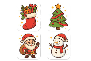 Christmas card vector icon set. Cute cartoon Santa Claus, snowman, Xmas tree, stocking with gifts. Winter holiday greeting card collection. Festive sticker pack illustration.