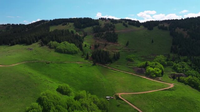 4wd road Little Annie Trailhead Aspen Mountain Ajax Richmond Hill cabins aerial drone Colorado Rocky Mountains Aspen Trees grove Mountain spring summer morning blue sky clouds forward motion