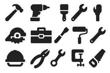 Construction tools solid icons set. Repair and DIY equipment symbols collection. Vector glyph illustration for handyman, workshop, building, and maintenance. Carpentry hardware.