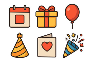 Birthday party celebration vector icon set. Cartoon graphic elements for events and holidays. Collection includes calendar, gift box, balloon, party hat, greeting card, and popper.