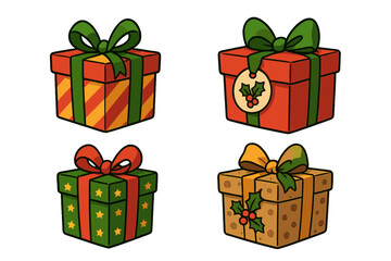 Obraz premium Christmas gift box vector set. Cartoon holiday presents collection with festive wrapping, bows, and holly. Xmas surprise giftbox pack for winter celebration design elements.