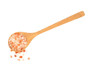 Himalayan pink salt in wooden spoon isolated on white background