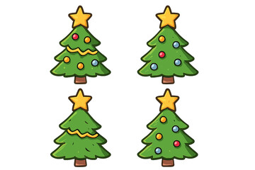 Set of Christmas tree icons. Vector cartoon illustration of decorated festive trees with star and ornaments. Flat design winter holiday graphic element collection for Xmas.