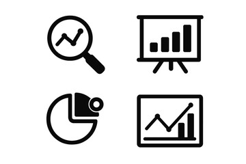 Data analytics icon set. Minimalist vector icons for business intelligence and statistics. Symbols for analysis, presentation, chart, graph, report, marketing, and finance.