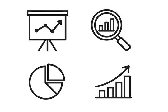 Data analysis icon set. Business analytics vector icons for presentation. Minimalist line symbols: chart, graph, magnifier for financial report, statistics, growth, infographic.