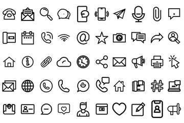 contact icon set. Basic contact icon collection. Phone, website, message, chat symbol. Set of 50 Contact Us icons in line style. Vector symbols isolated on a white background. Simple pictograms.