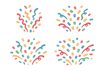 Vector confetti burst set. Party popper explosion. Colorful celebration background elements. Flat cartoon festive illustration for birthday, anniversary, winner surprise.
