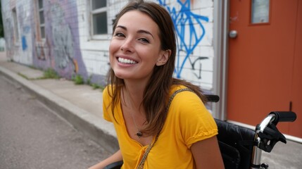 Young woman in wheelchair smiling joyfully outside a building with graffiti 