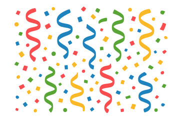 Vector celebration background with colorful confetti and serpentine streamers. Flat cartoon illustration for a party, birthday, or holiday event. Festive carnival decoration elements.