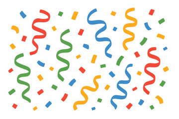 Colorful confetti and serpentine streamers falling. Party celebration background. Flat vector illustration for birthday, festival, carnival, and holiday events. Surprise concept.