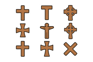 Christian cross vector icon set. Various religious symbols collection including Latin, Celtic, and crucifix icons. Faith, spirituality, and church design elements illustration.