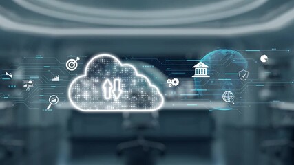 A robotic arm reaches out to interact with a digital cloud filled with virtual icons, symbolizing advanced technology and the future of automation and data management. Auvana - Powered by Adobe