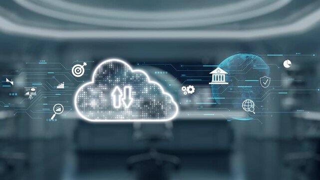 A robotic arm reaches out to interact with a digital cloud filled with virtual icons, symbolizing advanced technology and the future of automation and data management. Auvana