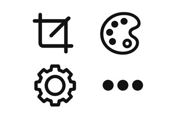 Obraz premium Minimalist editing tool icon set. Vector line art symbols for UI UX design. Includes crop, color palette, settings gear, and more options for web and mobile apps.