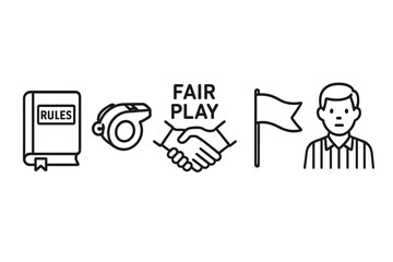 Fair play and sportsmanship linear icon set. Rulebook, whistle, integrity handshake, referee, and competition flag. Vector symbols for ethics, honesty, and fair competition.