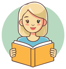 A cheerful blonde woman holds an open book a cute cartoon character illustration for learning and literature