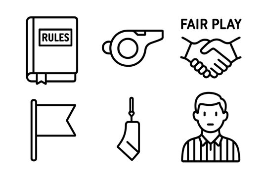 Fair play and sportsmanship outline icon set. Vector icons of ethics, integrity, and competition. Includes rulebook, whistle, handshake, referee, and penalty flag.