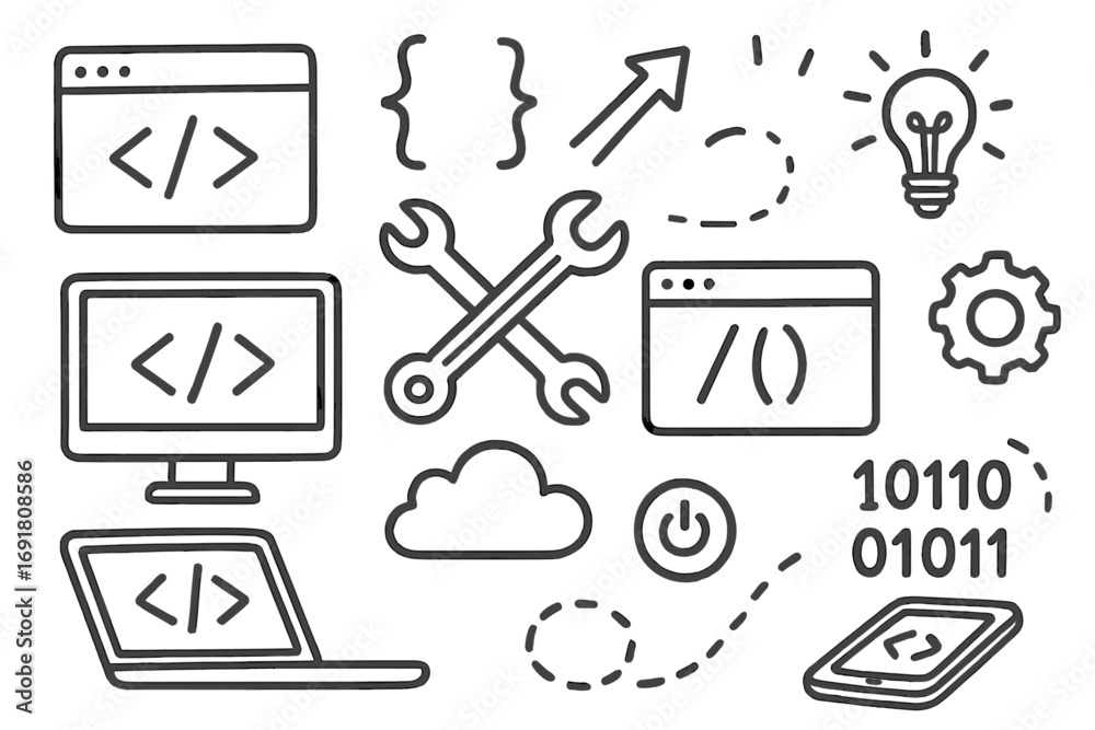 Wall mural hand-drawn coding elements doodle set. vector cartoon icons for web development, programming, app de