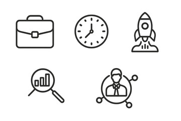 Business line icon set for startup success and project management. Thin line vector pictograms. Briefcase, time, rocket launch, data analysis, and employee networking symbols.