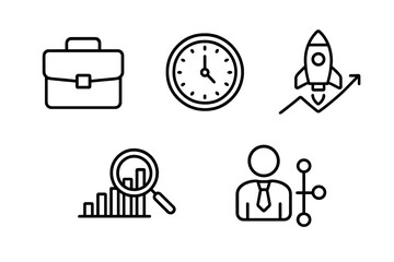 Business line icon set for startup success. Thin line vector pictograms. Growth analysis, time management, career, data research, organization structure. Web, App, Infographic.