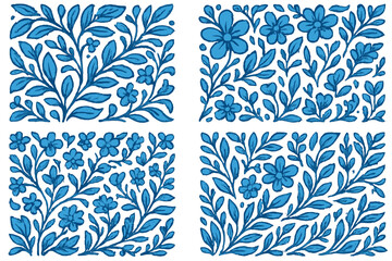 Blue leafy floral patterns set with hand-drawn cartoon style, decorative botanical elements, seamless nature motifs for home decor and artistic projects, vector illustration, transparent background