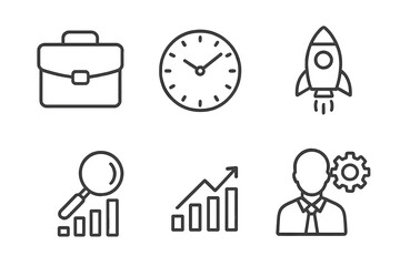 Business line icon set for startup success. Thin line vector icons collection for web design. Includes briefcase, clock, rocket launch, data analysis, growth chart, management.